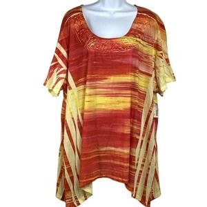 Catherines Tunic Top‎ Blouse Abstract Print Asymmetrical Embellished Neckline 3X